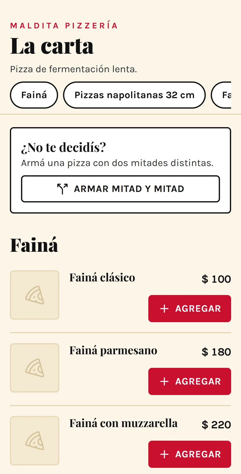 Carta de Maldita Pizzería abierta en un celular, con los precios y la opción de armar una pizza mitad y mitad