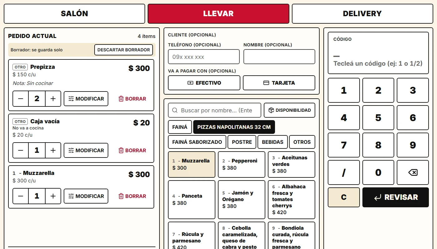 Pantalla de carga de pedidos de Maldita Pizzería: pestañas Salón, Llevar y Delivery, el pedido en curso, la carta por categorías y el teclado de números